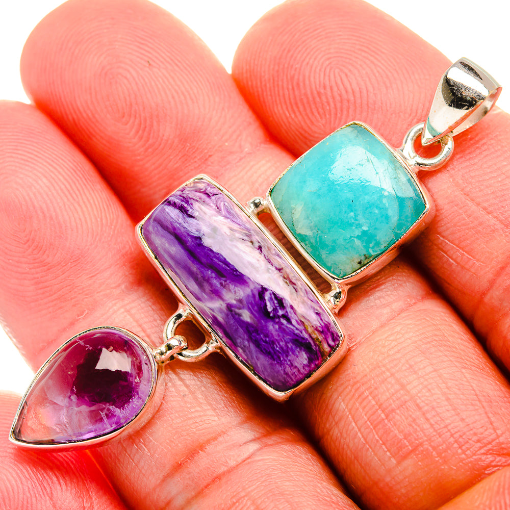 Charoite, Larimar, Amethyst 925 Sterling Silver Pendant 2 1/4" (925 Sterling Silver) PD38385