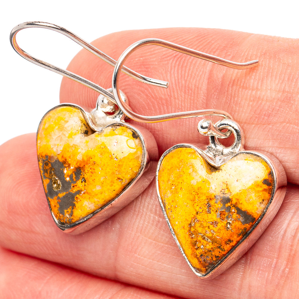 Bumblebee Jasper Heart Earrings 1 3/8" (.925 Sterling Silver)