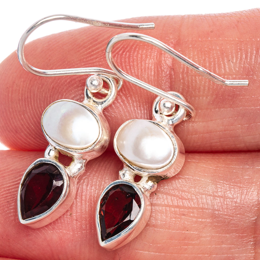 Cultured Pearl, Garnet Earrings 1 3/8" (925 Sterling Silver) E1026