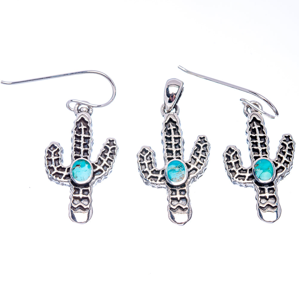 Native Style Mohave Turquoise Cactus Pendant & Earrings Set 1 1/4" (.925 Sterling Silver)