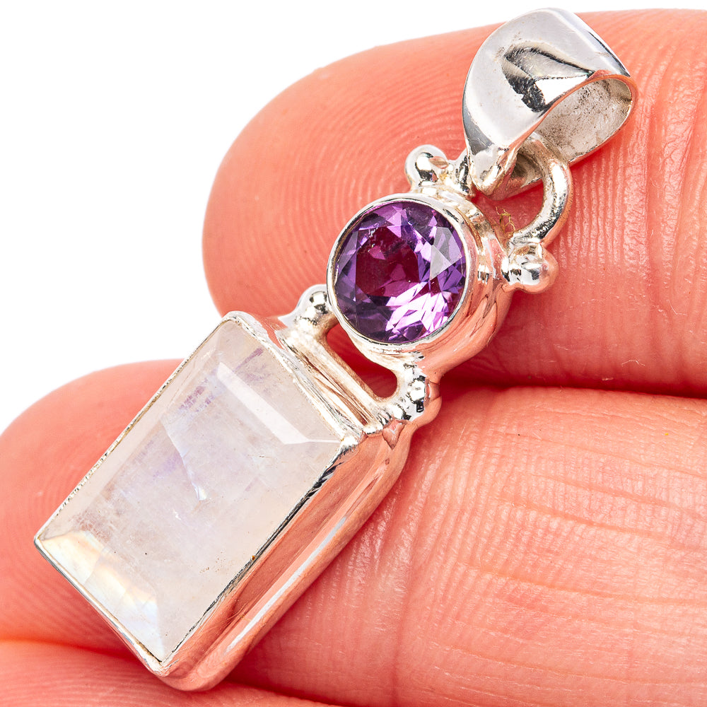 Faceted Rainbow Moonstone , Amethyst Pendant 1 1/4" (.925 Sterling Silver)