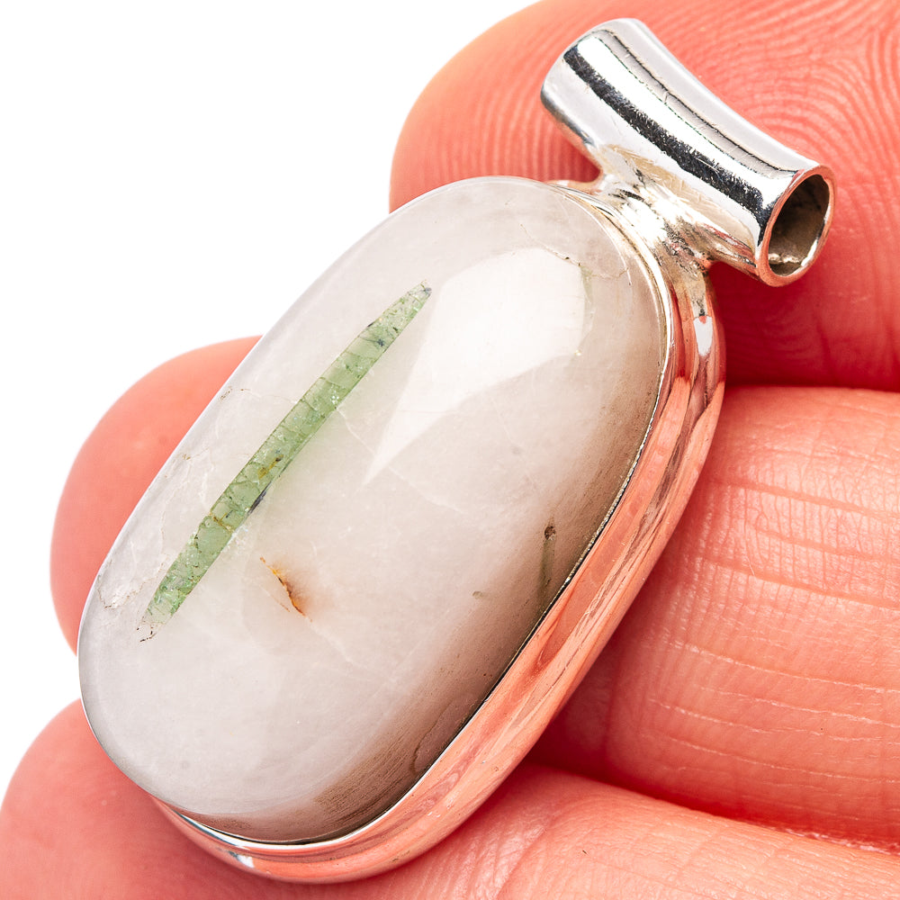 Green Tourmaline In Quartz Pendant 1 1/4" (.925 Sterling Silver)