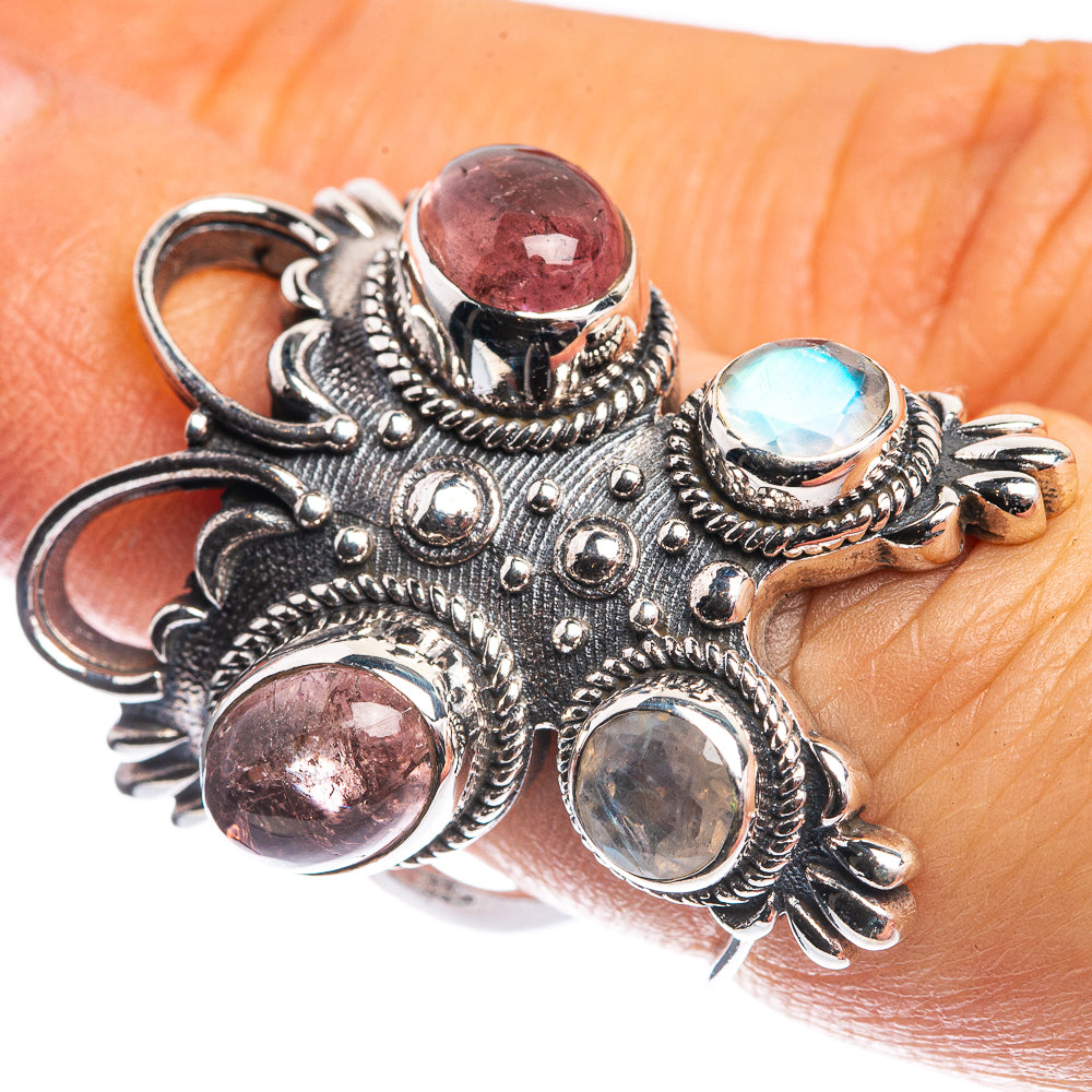 Large Pink Tourmaline, Rainbow Moonstone Ring Size 6 (925 Sterling Silver) R144207