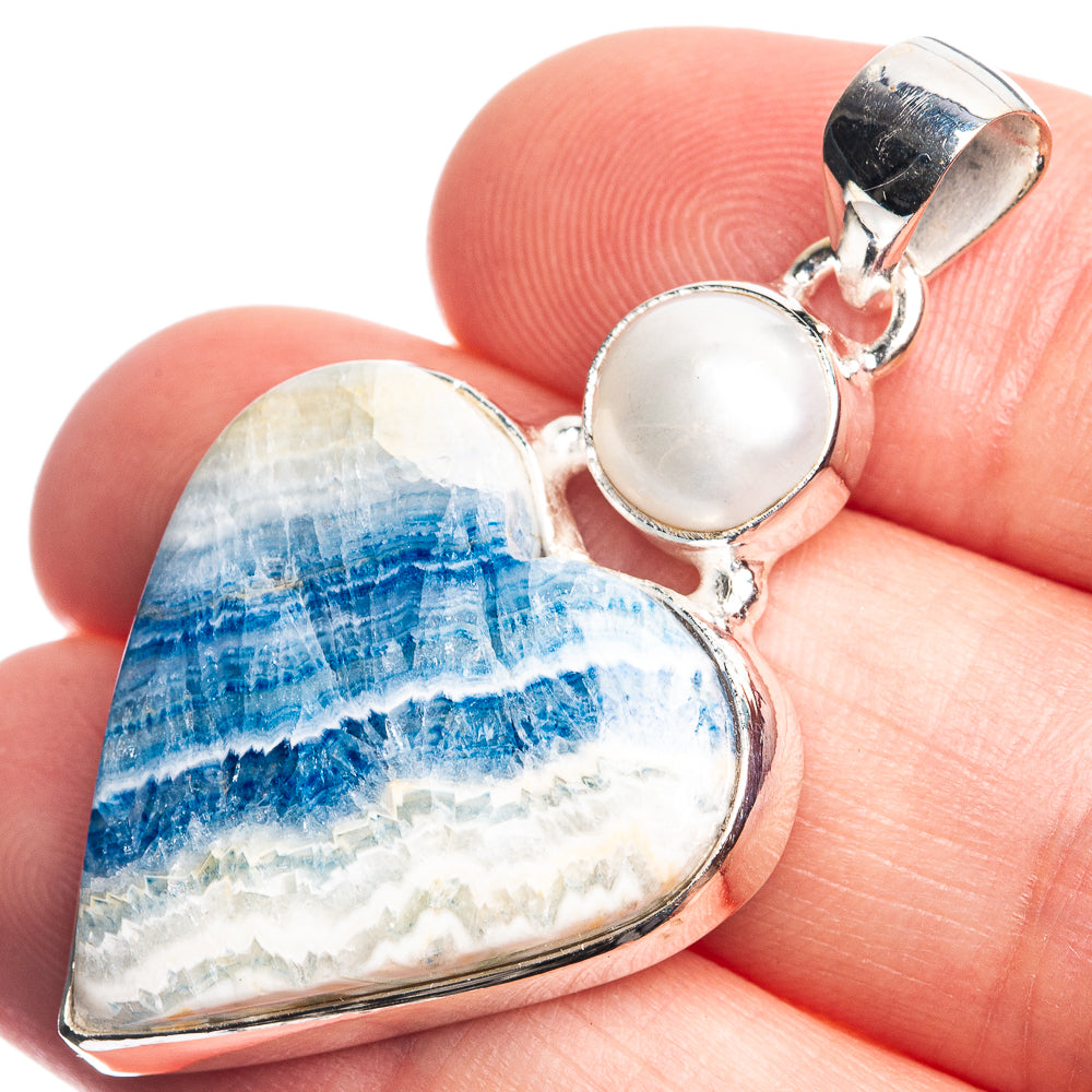 Blue Scheelite, Cultured Pearl Pendant 1 5/8" (925 Sterling Silver) P39084