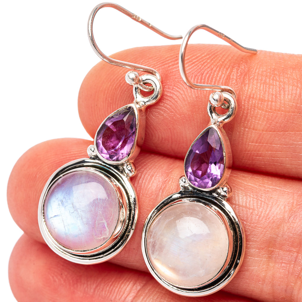 Rainbow Moonstone, Amethyst Earrings 1 1/2" (.925 Sterling Silver)