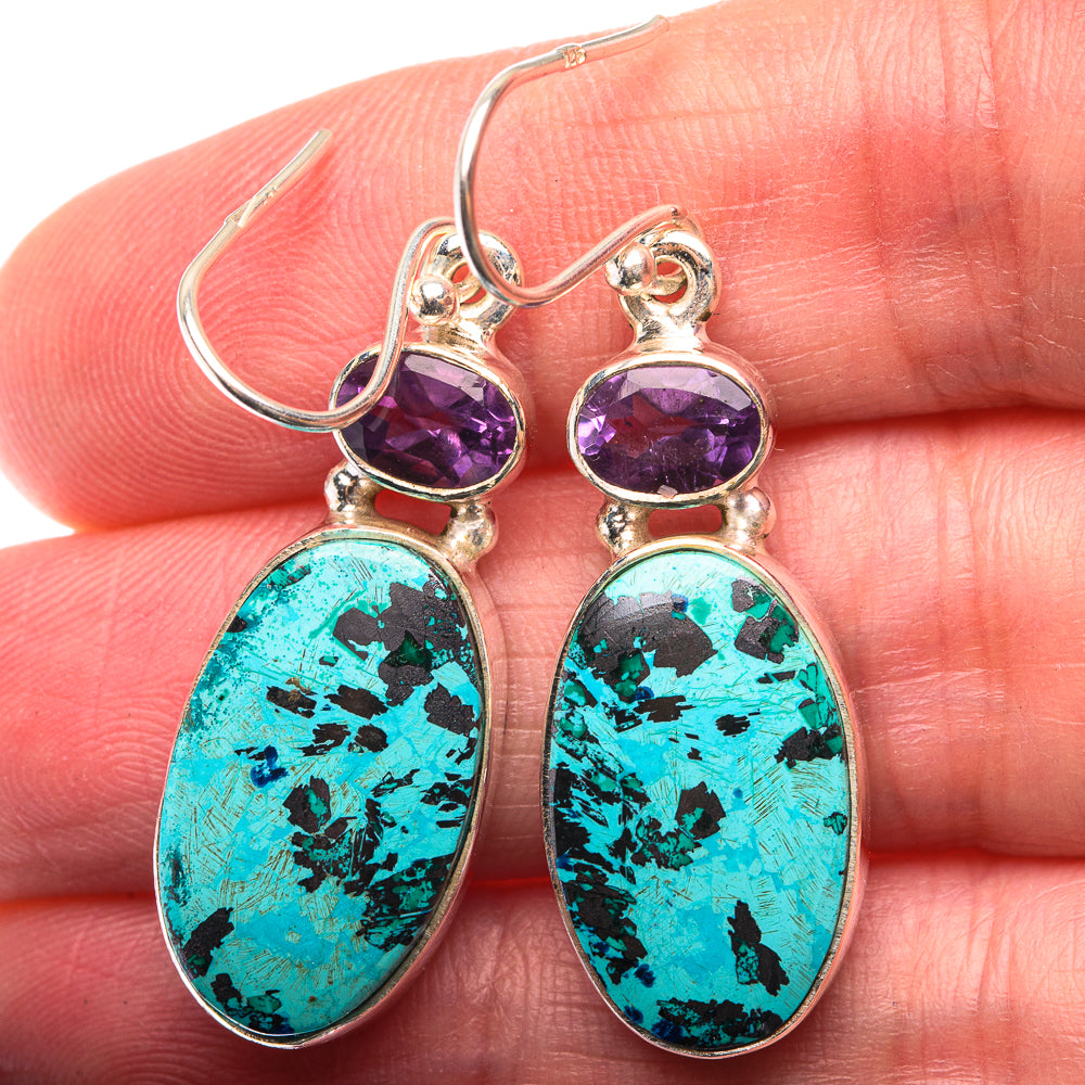 Shattuckite, Amethyst Earrings 1 5/8" (925 Sterling Silver) EARR432173
