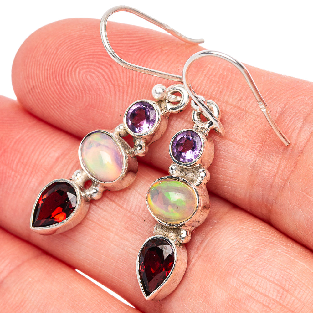 Rare Ethiopian Opal, Garnet, Amethyst Earrings 1 3/8" (925 Sterling Silver) E1398