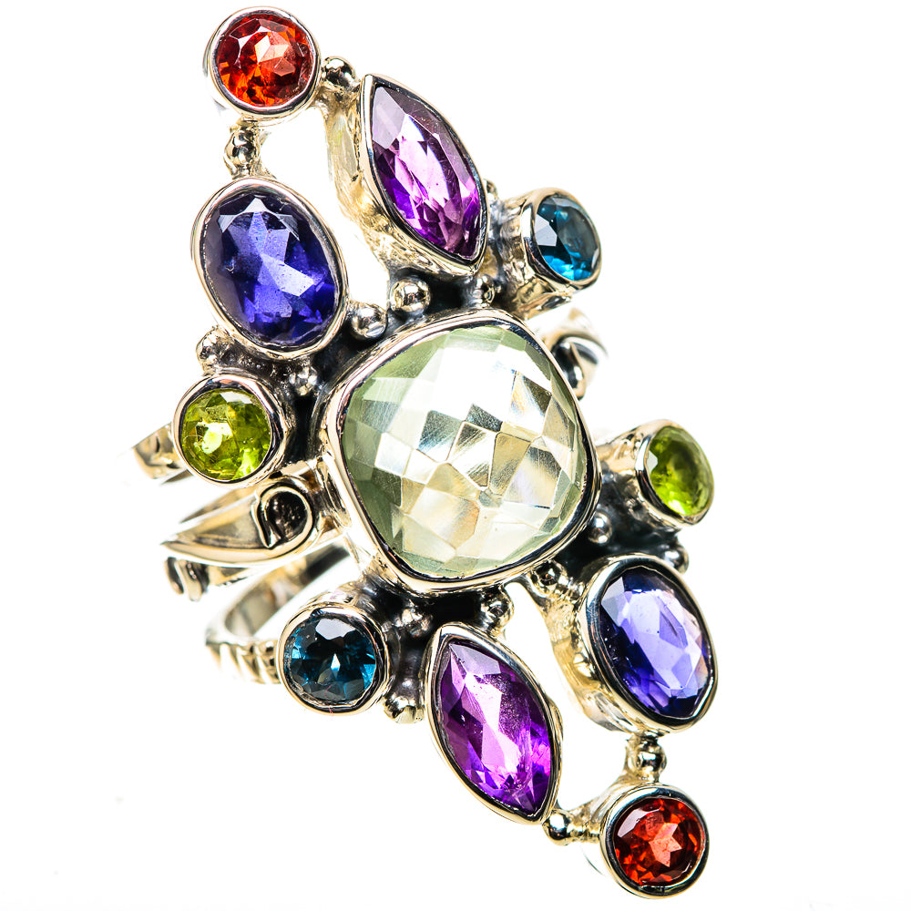 Signature Large Faceted Green Amethyst, Tanzanite, Amethyst, Garnet, Peridot, Blue Quartz Ring Size 8 (925 Sterling Silver) RING138167