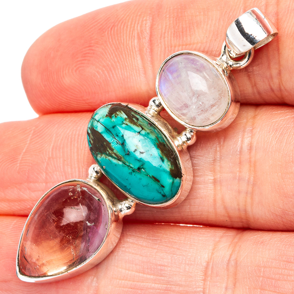 Premium Tibetan Turquoise, Ametrine, Rainbow Moonstone Pendant 2" (.925 Sterling Silver)