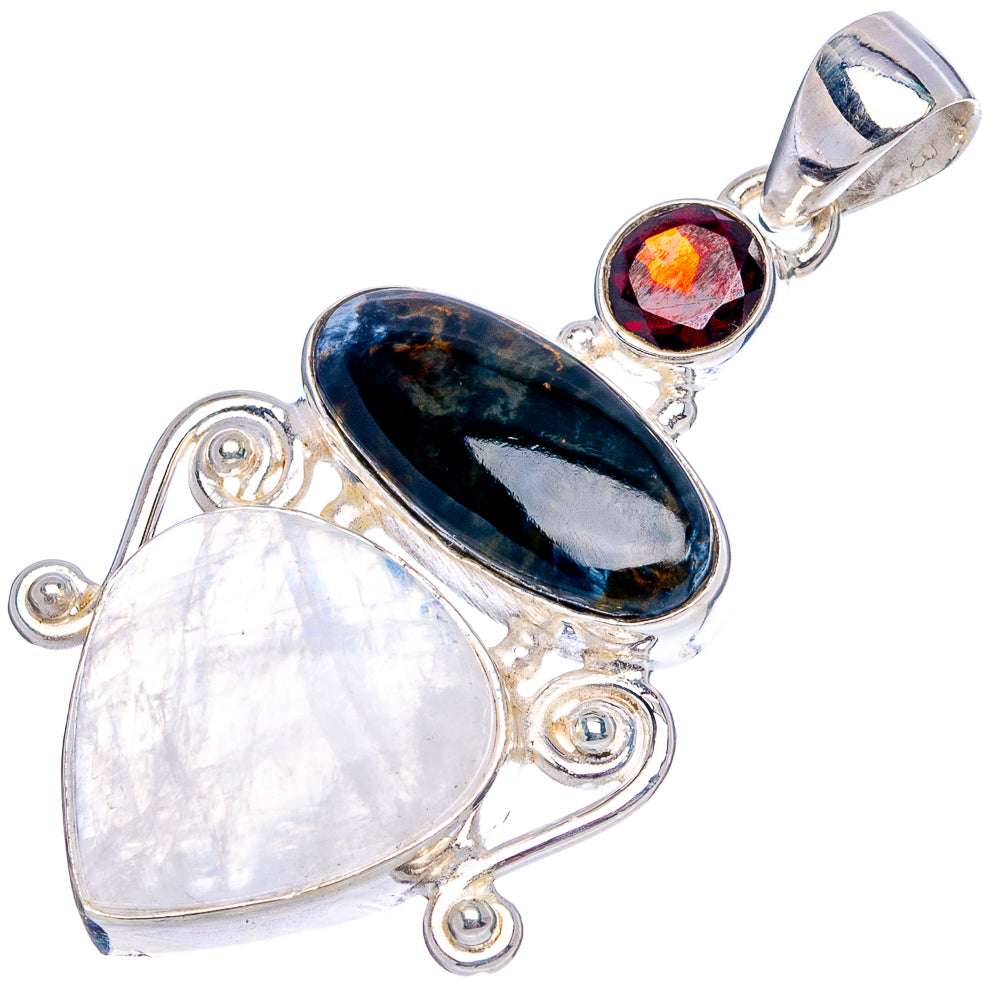 Premium Pietersite, Rainbow Moonstone, Garnet Pendant 1 3/4" (.925 Sterling Silver)