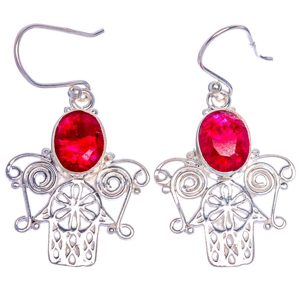 Glass Filled Ruby Hand Earrings 1 5/8" (925 Sterling Silver) E1007