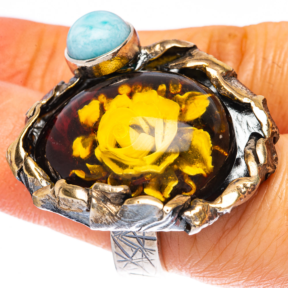 Amber Intaglio Rose Ring Size 7 Adjustable (925 Sterling Silver) R3819