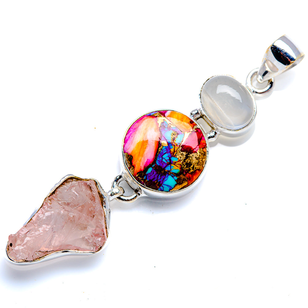Rough Rose Quartz, Kingman Pink Dahlia Turquoise, Aquamarine 925 Sterling Silver Pendant 2 1/2" (925 Sterling Silver) PD38441