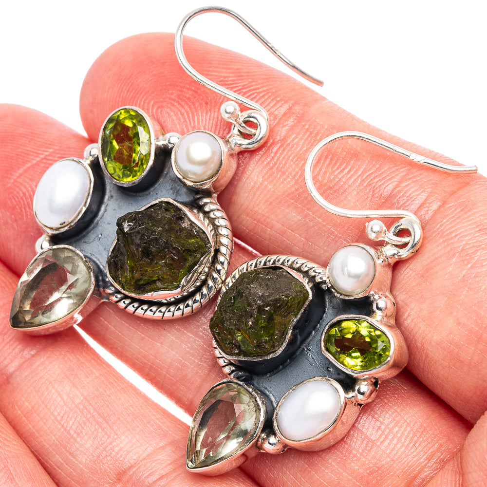 Premium Peridot, White Quartz, Cultured Pearl Earrings 1 3/4" (925 Sterling Silver) E1684