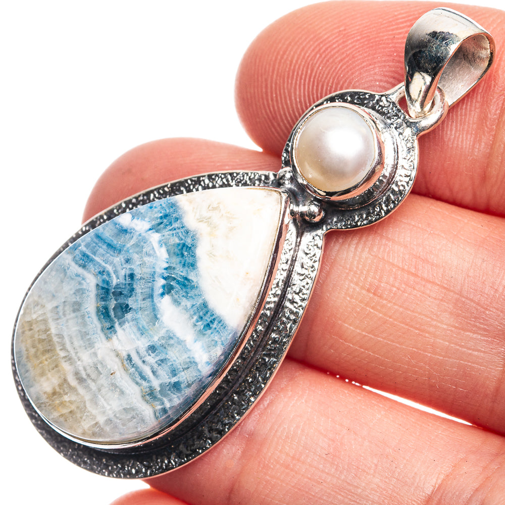 Blue Scheelite, Cultured Pearl Pendant 1 7/8" (925 Sterling Silver) P39185