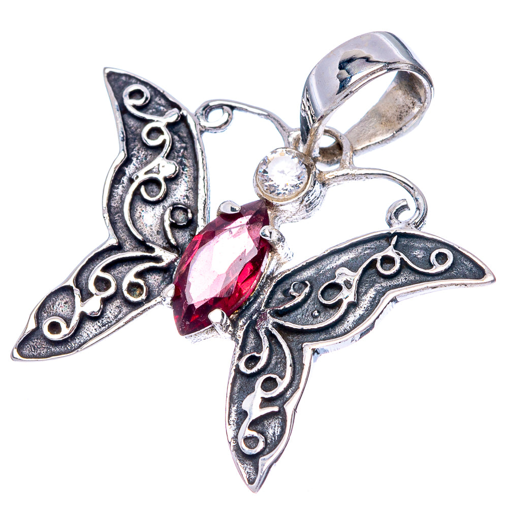 Garnet, White Quartz Butterfly Dainty Pendant 1" (925 Sterling Silver) P43542