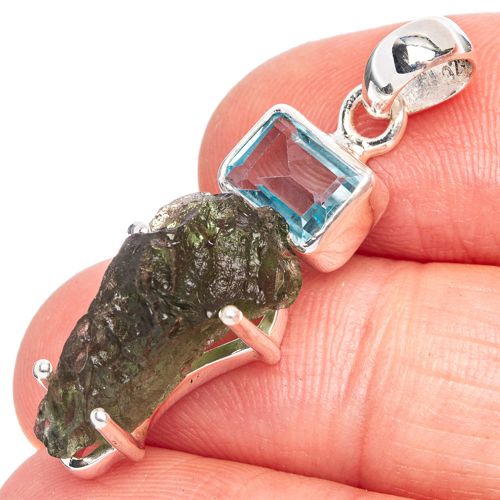 Rare Czech Moldavite, Blue Topaz Pendant 1 3/8" (925 Sterling Silver) P40461