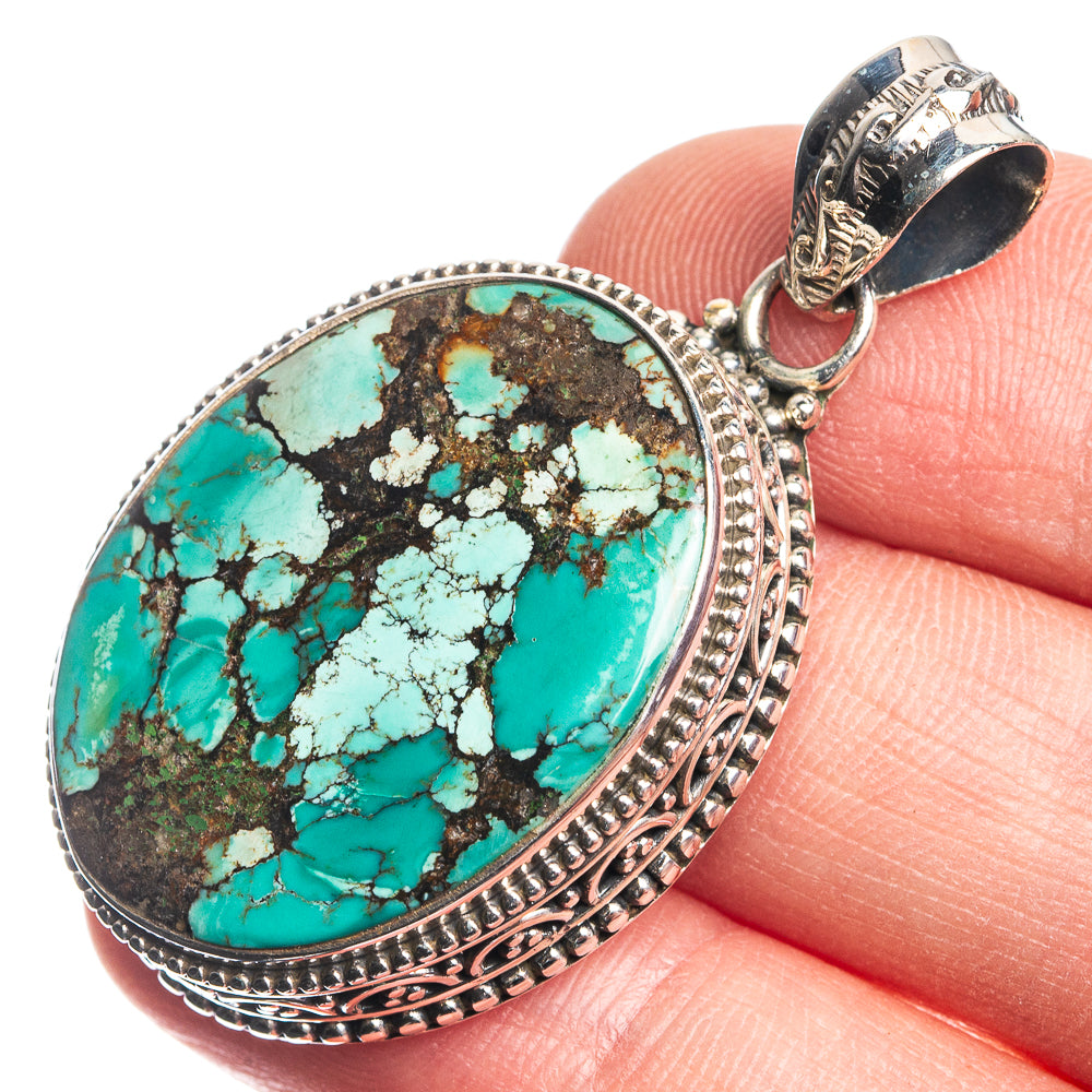 Tibetan Turquoise 925 Sterling Silver Pendant 1 3/4"