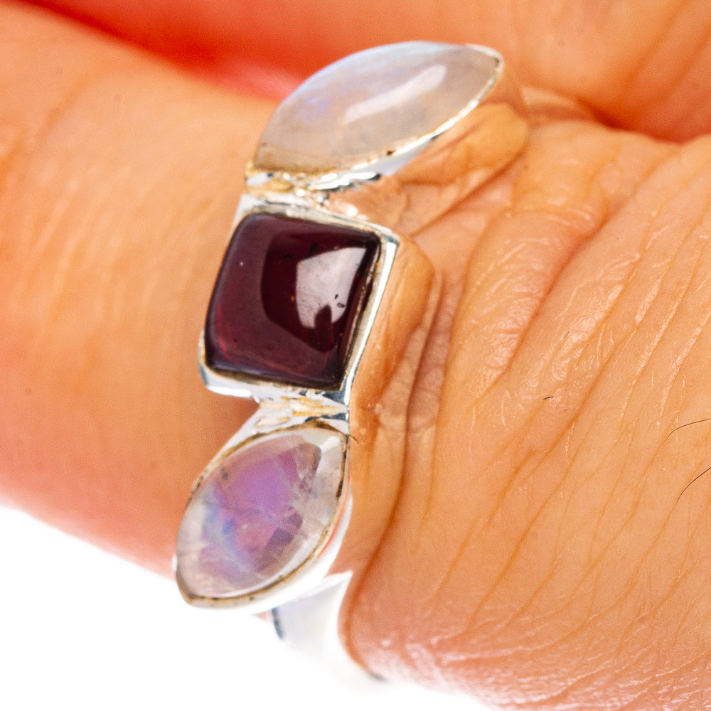 Garnet, Rainbow Moonstone Ring Size 6 (925 Sterling Silver) R1184