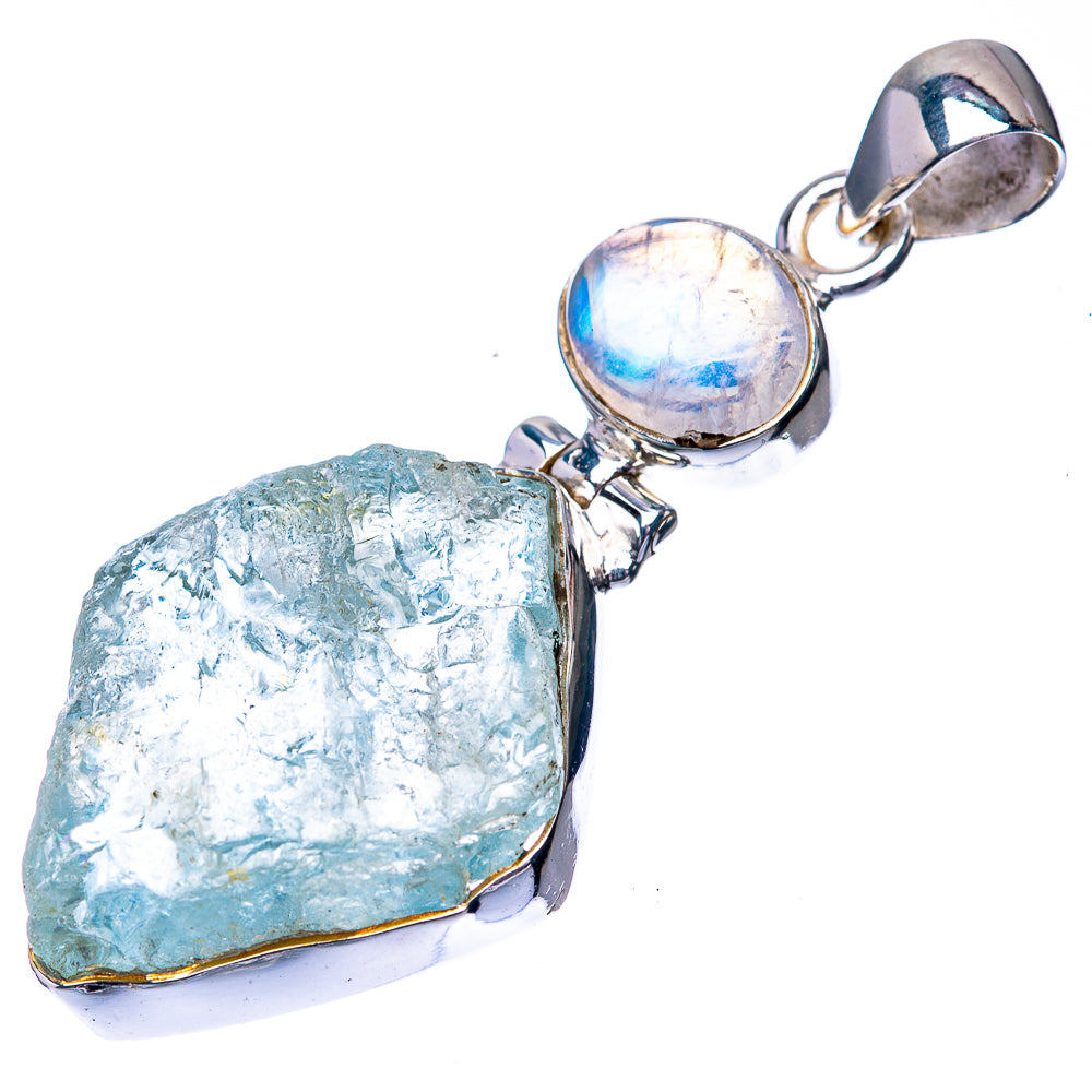 Raw Aquamarine, Rainbow Moonstone 925 Sterling Silver Pendant 2" (925 Sterling Silver) PD38620