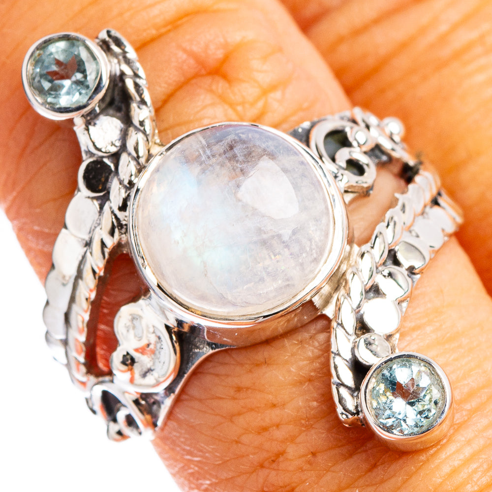 Premium Rainbow Moonstone, Blue Topaz Ring Size 8.75 (.925 Sterling Silver)