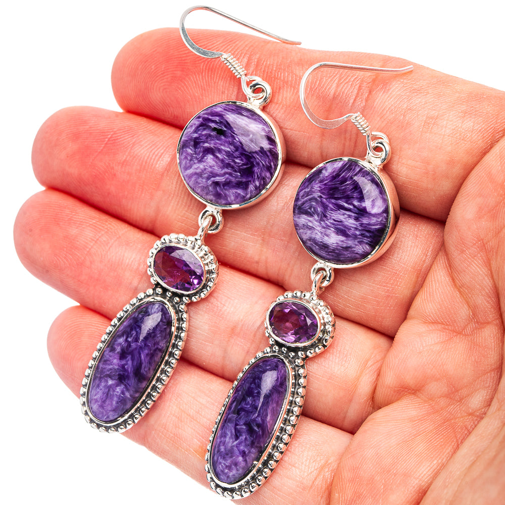Signature Charoite, Amethyst Earrings 2 3/4" (.925 Sterling Silver)