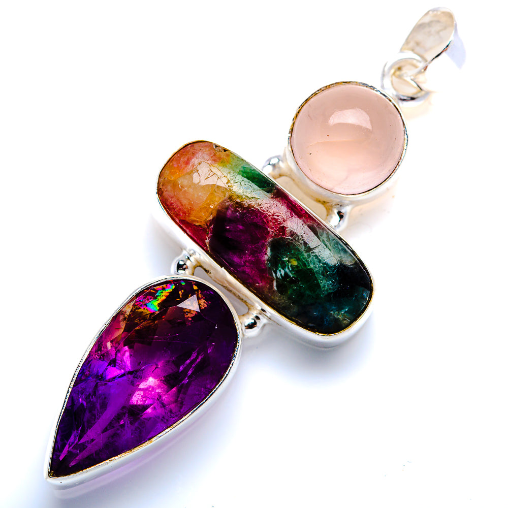 Natural Tourmaline, Amethyst, Rose Quartz Pendant 2 1/4" (925 Sterling Silver) PD38137