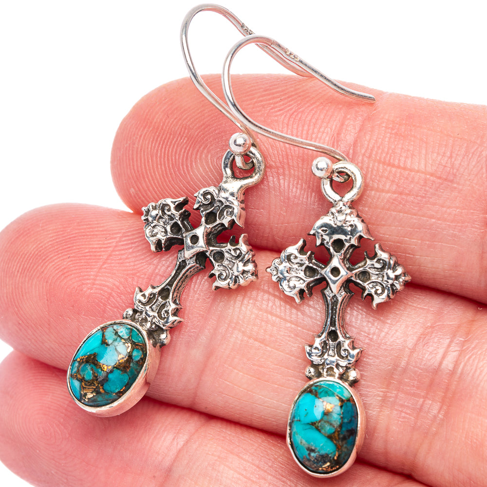 Blue Copper Composite Turquoise Cross Earrings 1 5/8" (925 Sterling Silver) E433299