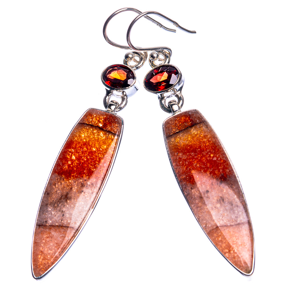 Sunstone, Garnet 925 Sterling Silver Earrings 2 3/8"
