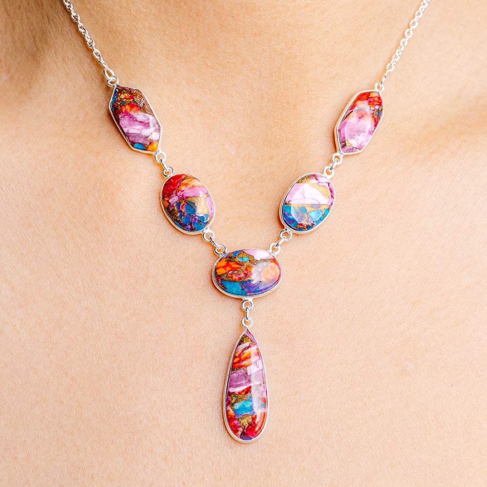 Pink Dahlia Mohave Turquoise Necklace 16 to 18" (.925 Sterling Silver)