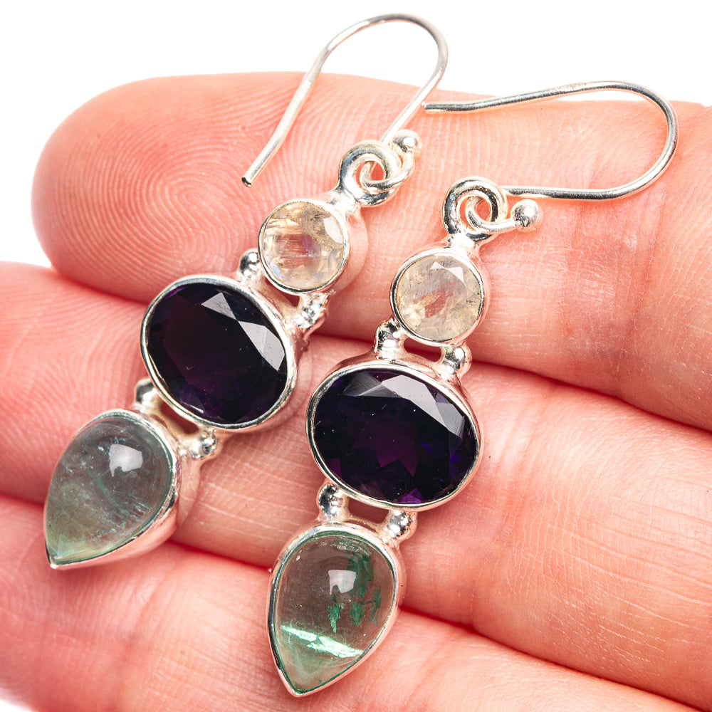 Aquamarine, Amethyst, Rainbow Moonstone Earrings 1 3/4" (925 Sterling Silver) E432588
