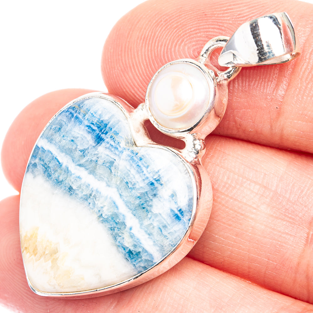 Blue Scheelite, Cultured Pearl Pendant 1 5/8" (925 Sterling Silver) P39255