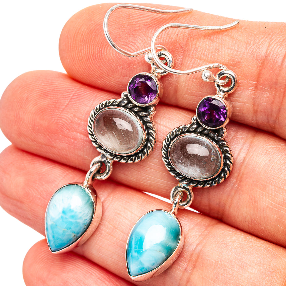 Premium Larimar, Aquamarine, Amethyst Earrings 2" (.925 Sterling Silver)