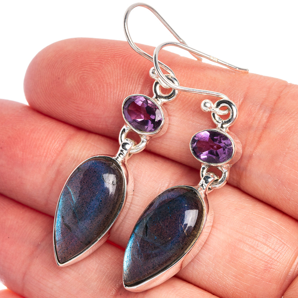 Labradorite, Amethyst Earrings 1 3/4" (925 Sterling Silver) E433021
