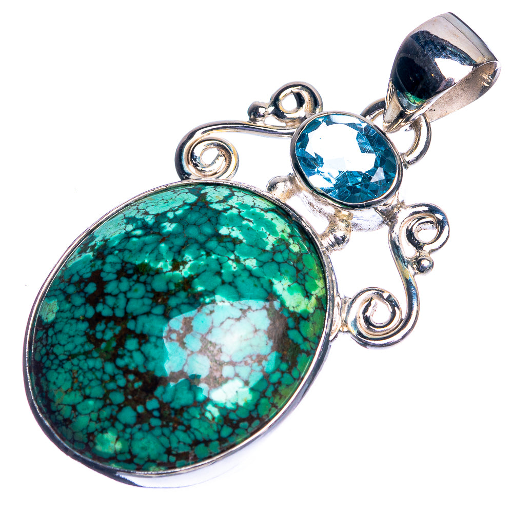 Tibetan Turquoise, Blue Topaz 925 Sterling Silver Pendant 1 5/8"