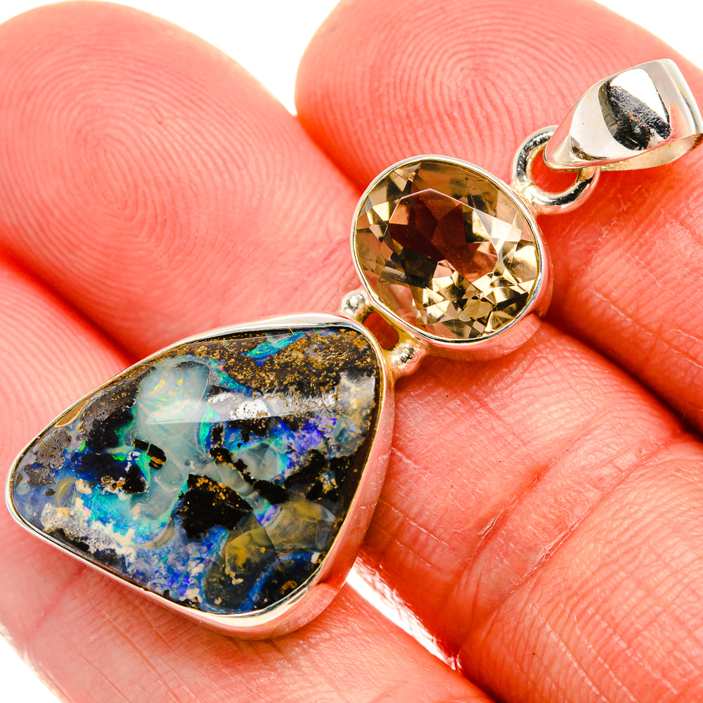 Boulder Opal, Smoky Quartz 925 Sterling Silver Pendant 1 3/4" (925 Sterling Silver) PD38344