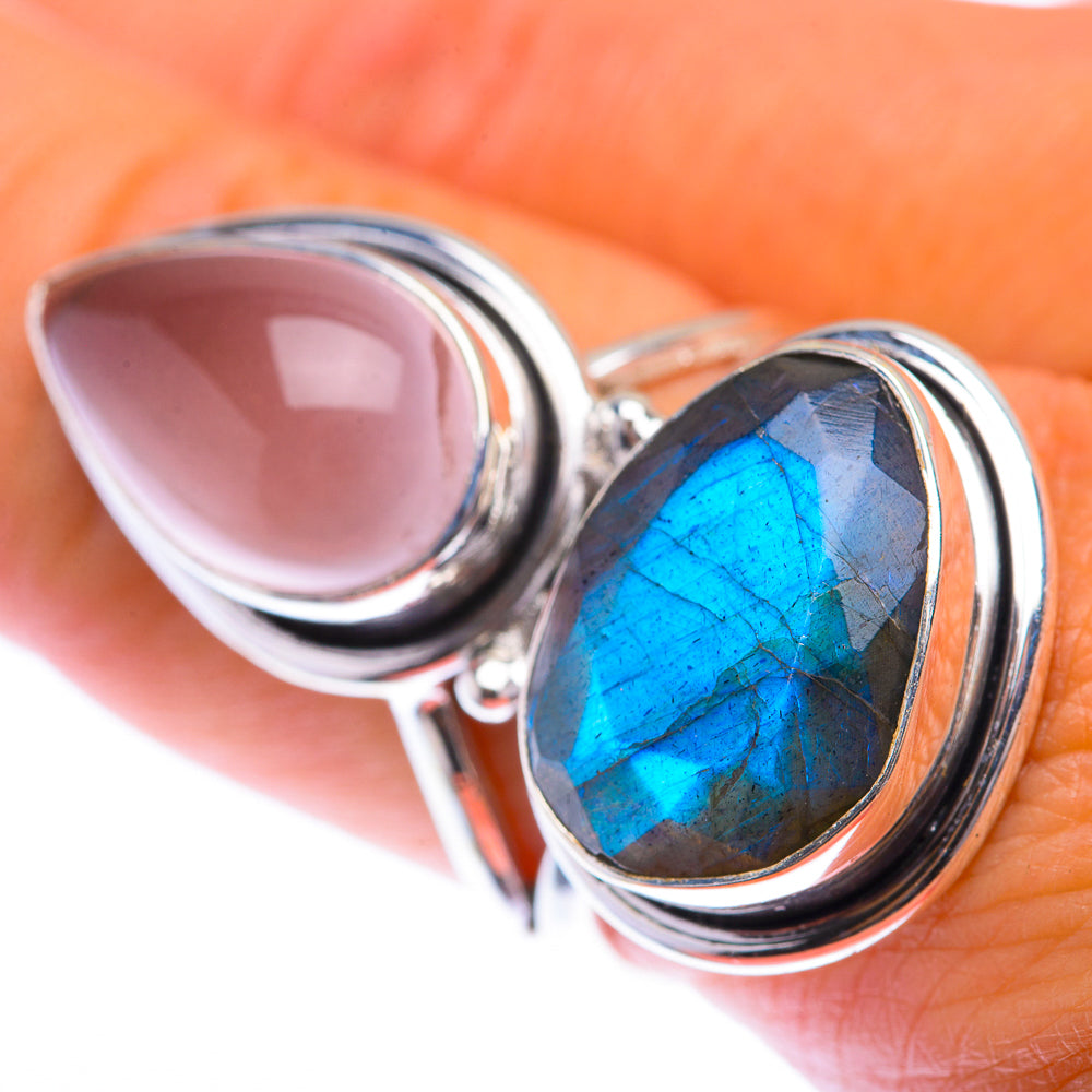 Large Labradorite, Rose Quartz Ring Size 8 (925 Sterling Silver) RING140070