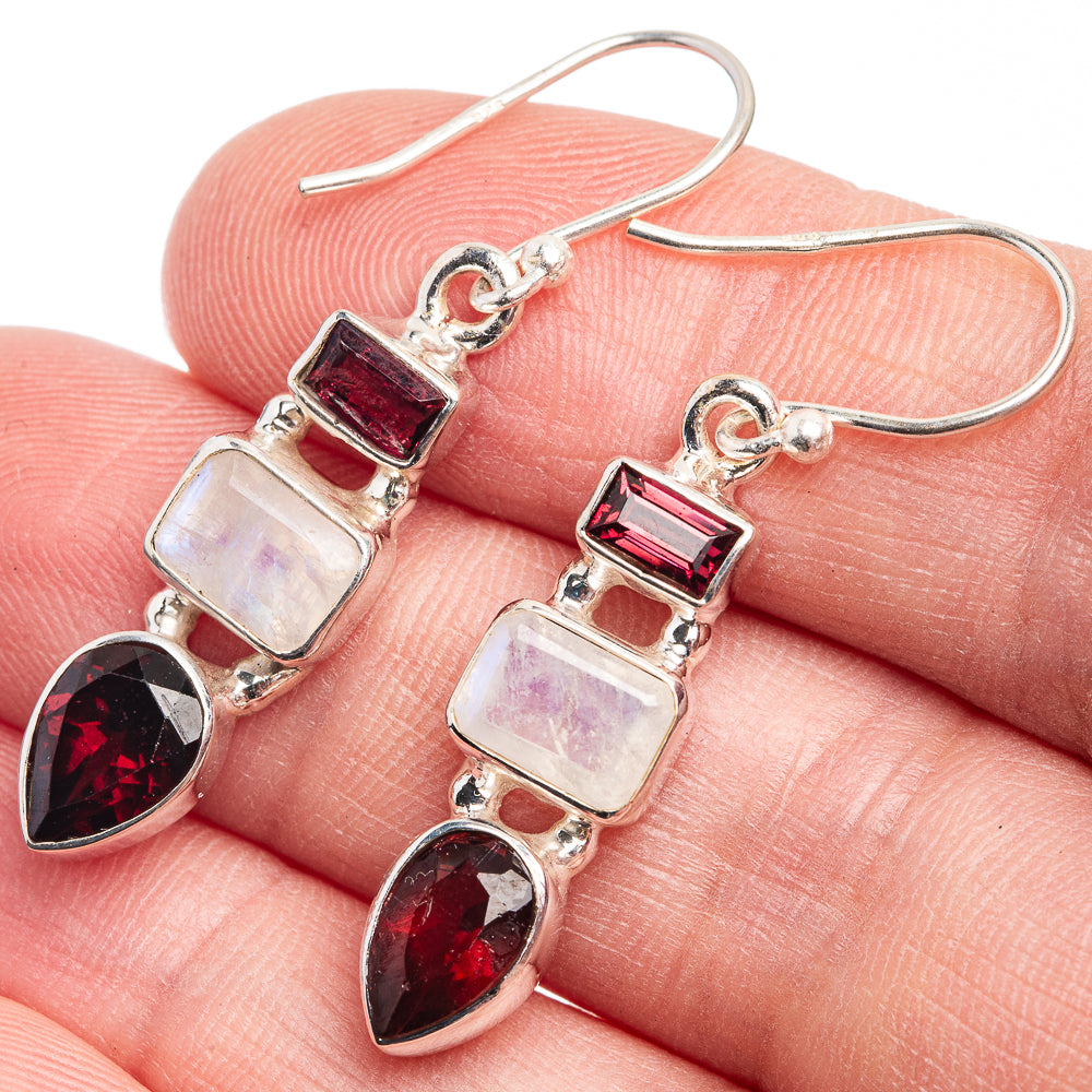 Rainbow Moonstone, Garnet Earrings 1 1/2" (925 Sterling Silver) E432435