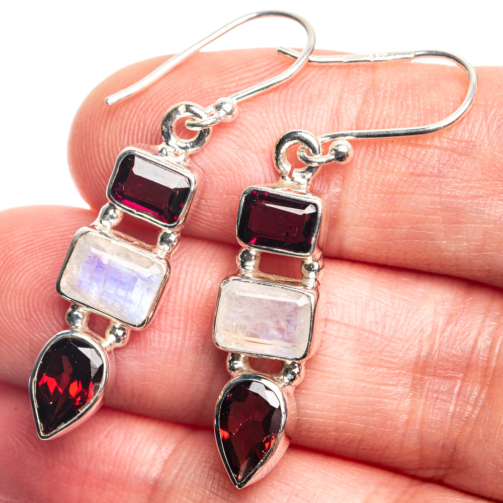 Rainbow Moonstone, Garnet Earrings 1 5/8" (925 Sterling Silver) E432750
