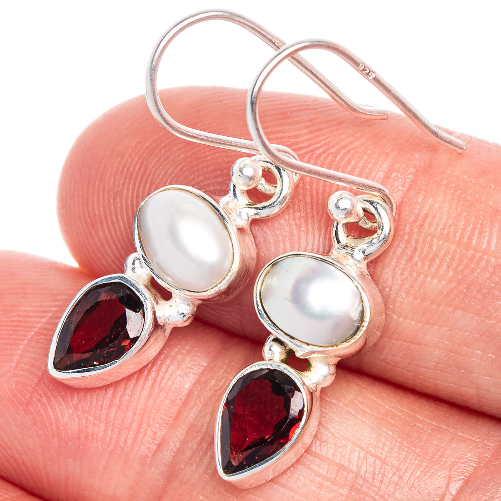 Cultured Pearl, Garnet Earrings 1 1/4" (925 Sterling Silver) E1047