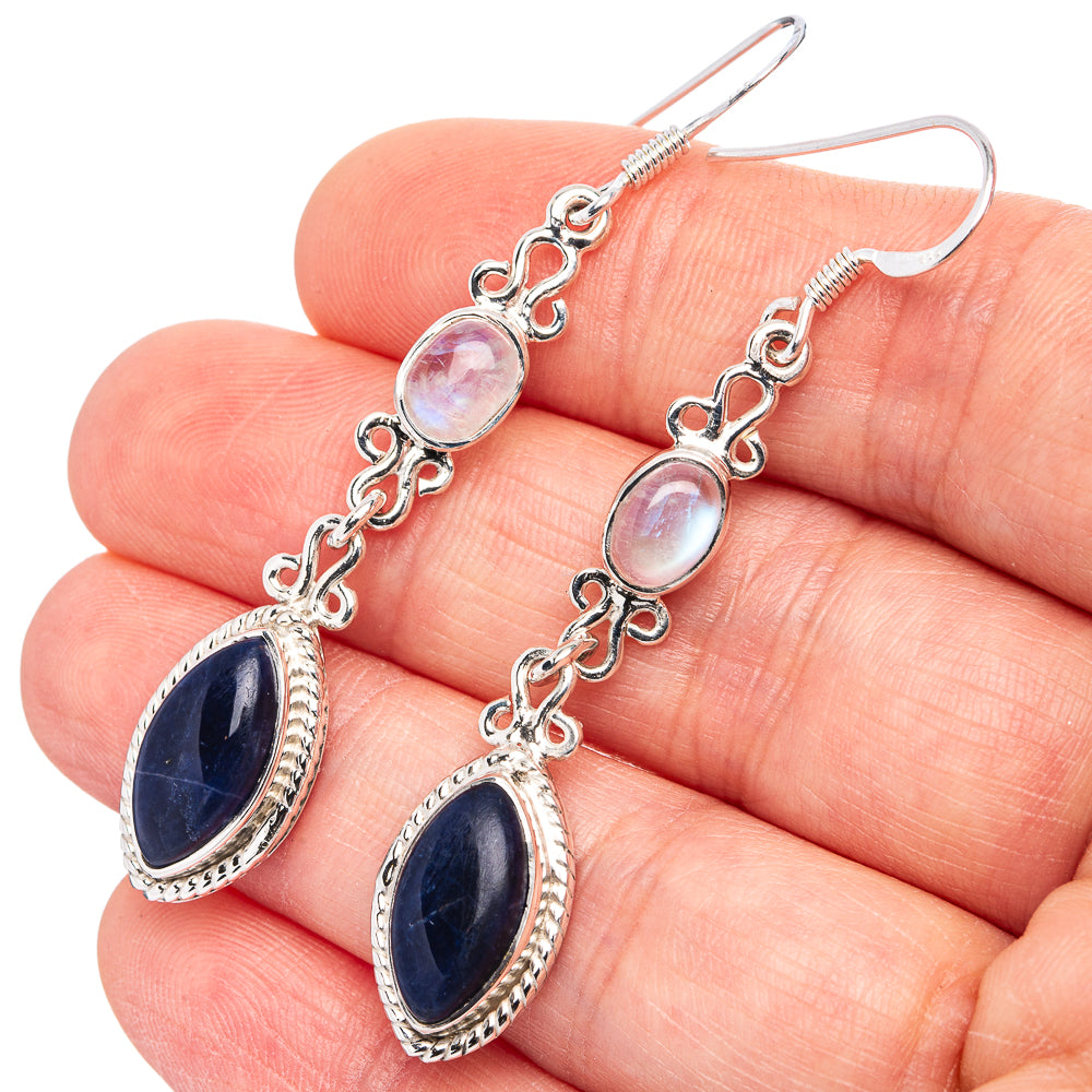 Premium Sodalite, Rainbow Moonstone Earrings 2 1/8" (.925 Sterling Silver)