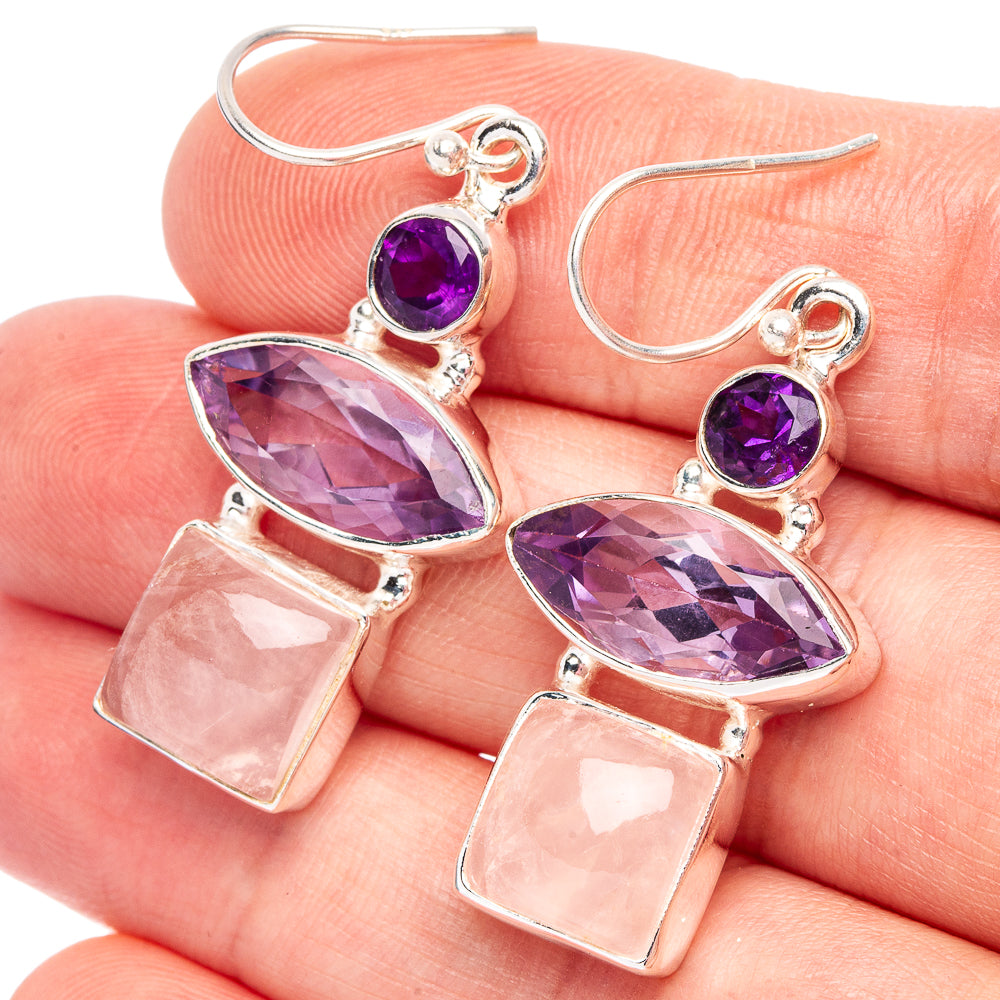 Faceted Amethyst, Rose Quartz 925 Sterling Silver Earrings 1 5/8" (925 Sterling Silver) E2166