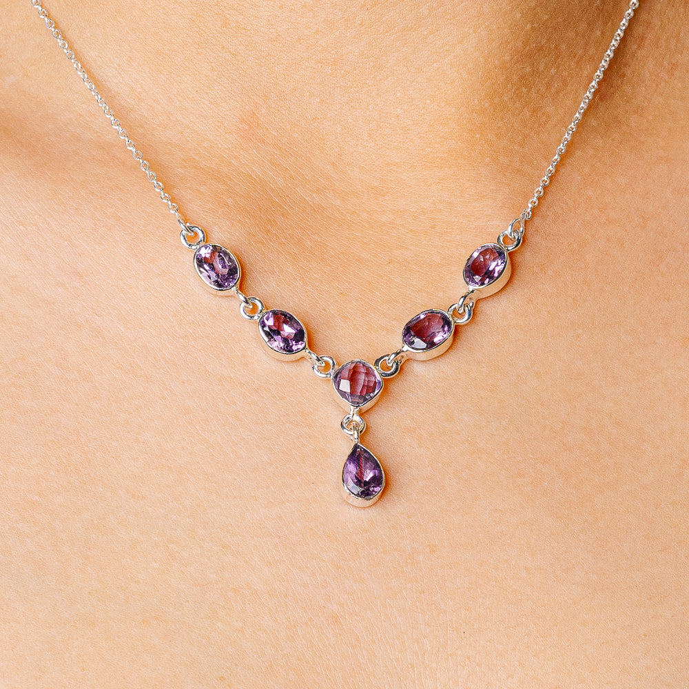 Faceted Amethyst Necklace 17 To 18 1/2" (925 Sterling Silver) N90162