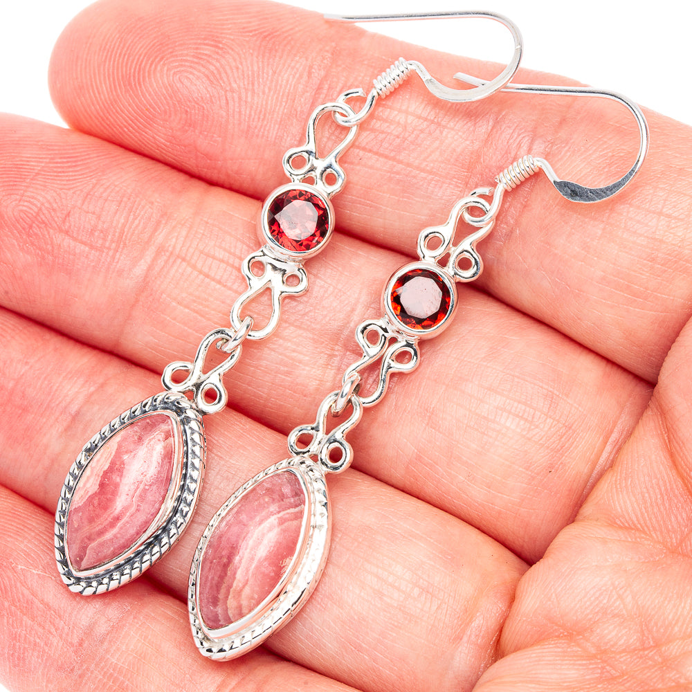 Premium Rhodochrosite, Garnet Earrings 2 1/4" (925 Sterling Silver) E1194