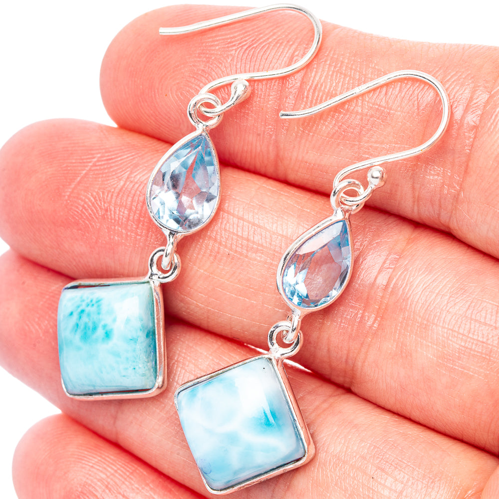 Rare Larimiar, Blue Topaz Earrings 1 3/4" (.925 Sterling Silver)
