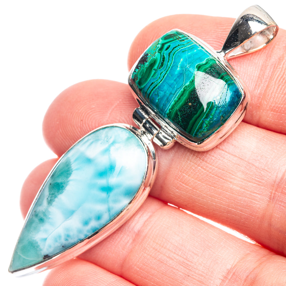Larimar, Malachite In Chrysocolla Pendant 2 1/8" (925 Sterling Silver) P39344
