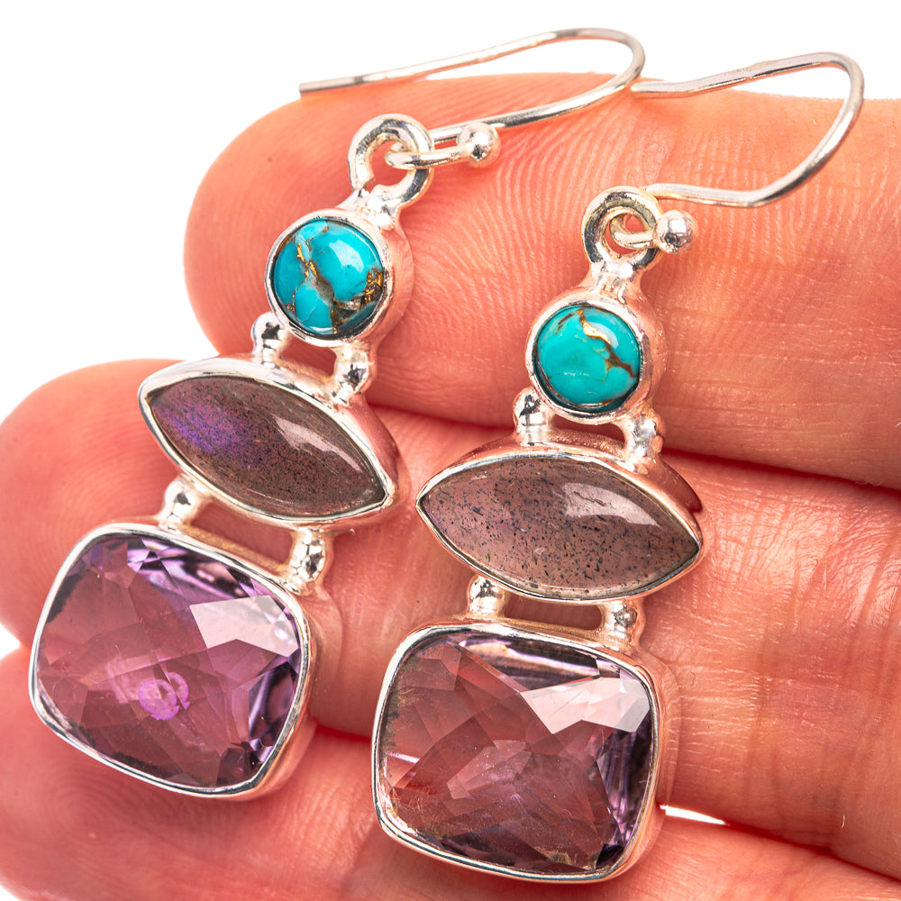 Faceted Amethyst, Labradorite, Blue Copper Composite Turquoise Earrings 1 5/8" (925 Sterling Silver) E432428