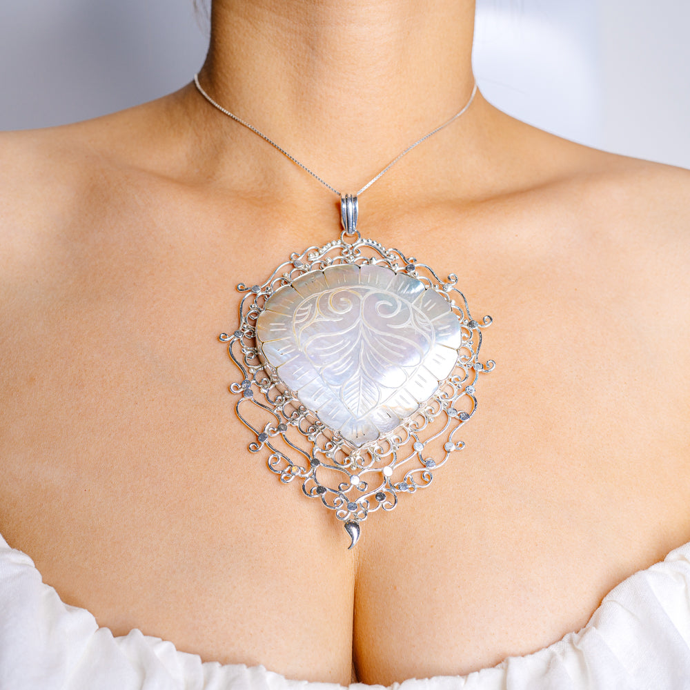 Gigantic Mother Of Pearl Pendant 5 1/4" (.925 Sterling Silver)