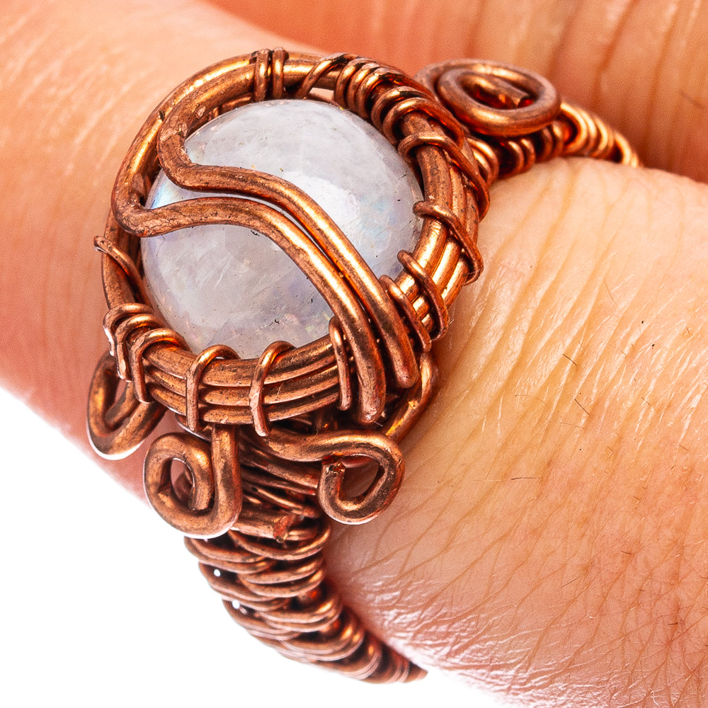 Rainbow Moonstone Wire Wrap Ring Size 7.5 (Oxidized Copper)