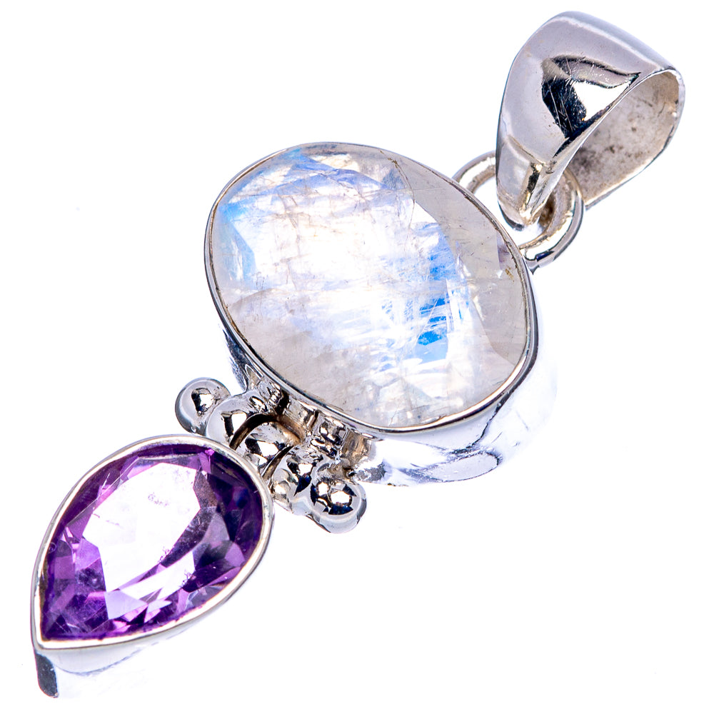Faceted Rainbow Moonstone , Amethyst Pendant 1 3/8" (.925 Sterling Silver)